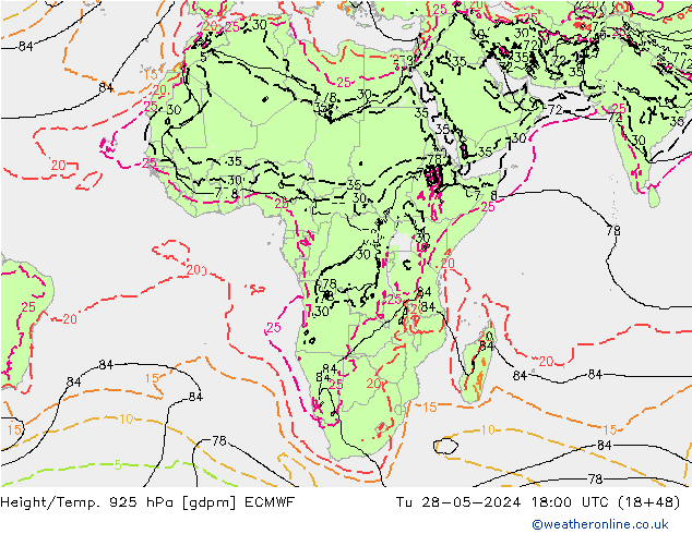 Hoogte/Temp. 925 hPa ECMWF di 28.05.2024 18 UTC