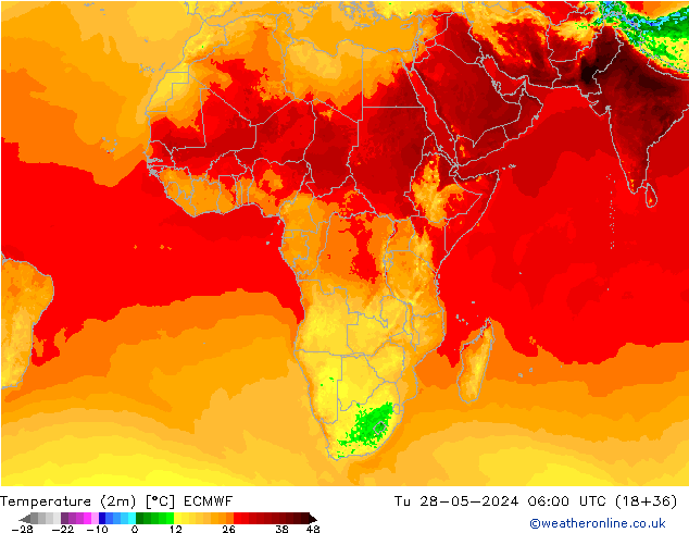 Temperatuurkaart (2m) ECMWF di 28.05.2024 06 UTC