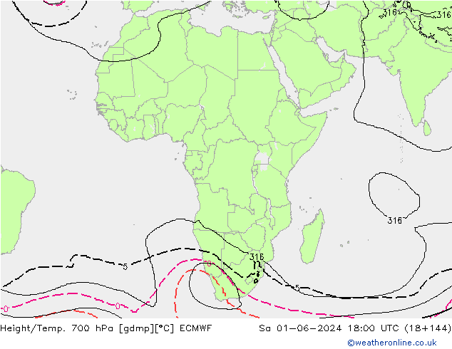 Height/Temp. 700 hPa ECMWF So 01.06.2024 18 UTC