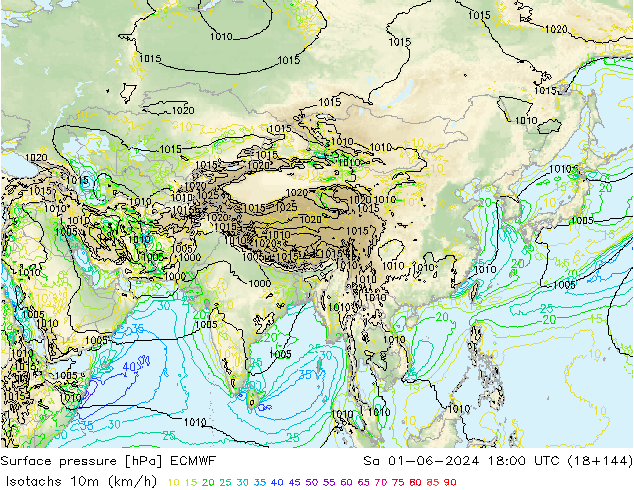 Isotachs (kph) ECMWF Sa 01.06.2024 18 UTC