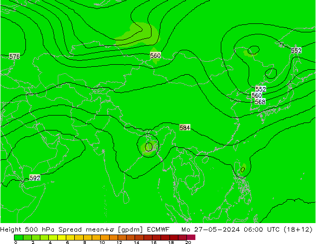 Height 500 гПа Spread ECMWF пн 27.05.2024 06 UTC