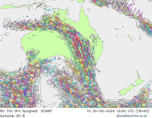 RH 700 hPa Spaghetti ECMWF Do 30.05.2024 12 UTC
