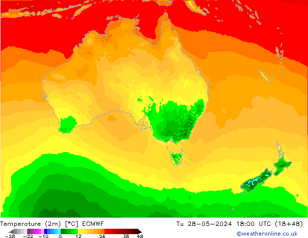 température (2m) ECMWF mar 28.05.2024 18 UTC