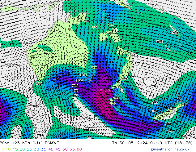 Vento 925 hPa ECMWF Qui 30.05.2024 00 UTC