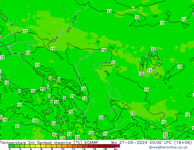 température 2m Spread ECMWF lun 27.05.2024 00 UTC
