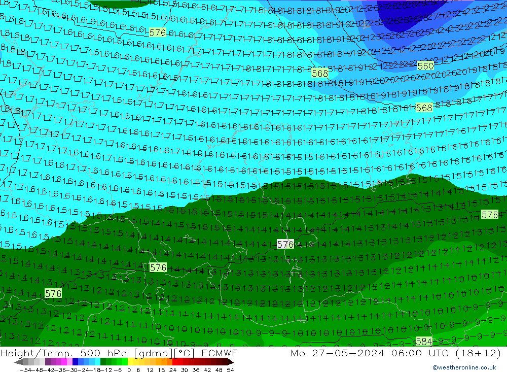 Geop./Temp. 500 hPa ECMWF lun 27.05.2024 06 UTC