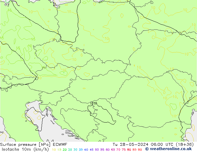 Isotachs (kph) ECMWF Út 28.05.2024 06 UTC