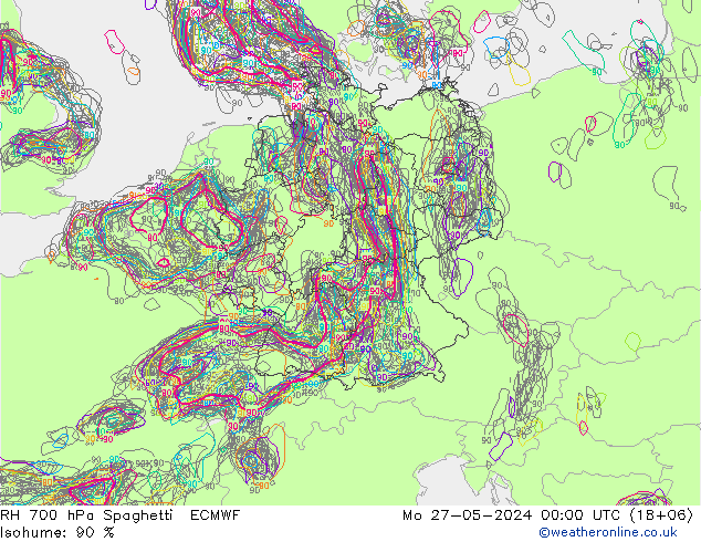 RH 700 hPa Spaghetti ECMWF Mo 27.05.2024 00 UTC