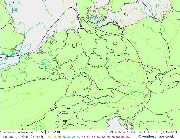 Isotachs (kph) ECMWF Tu 28.05.2024 12 UTC