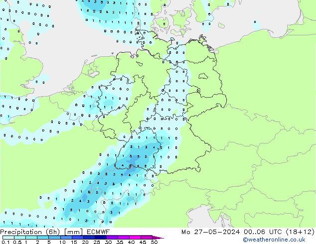 Precipitation (6h) ECMWF Po 27.05.2024 06 UTC