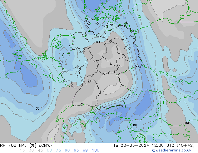 RH 700 hPa ECMWF Tu 28.05.2024 12 UTC