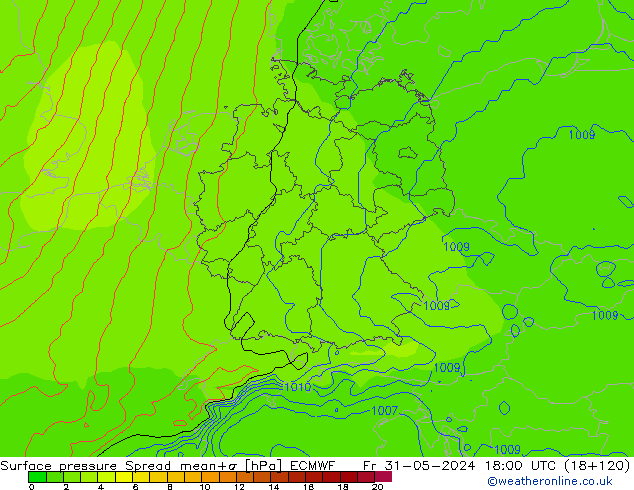 Presión superficial Spread ECMWF vie 31.05.2024 18 UTC