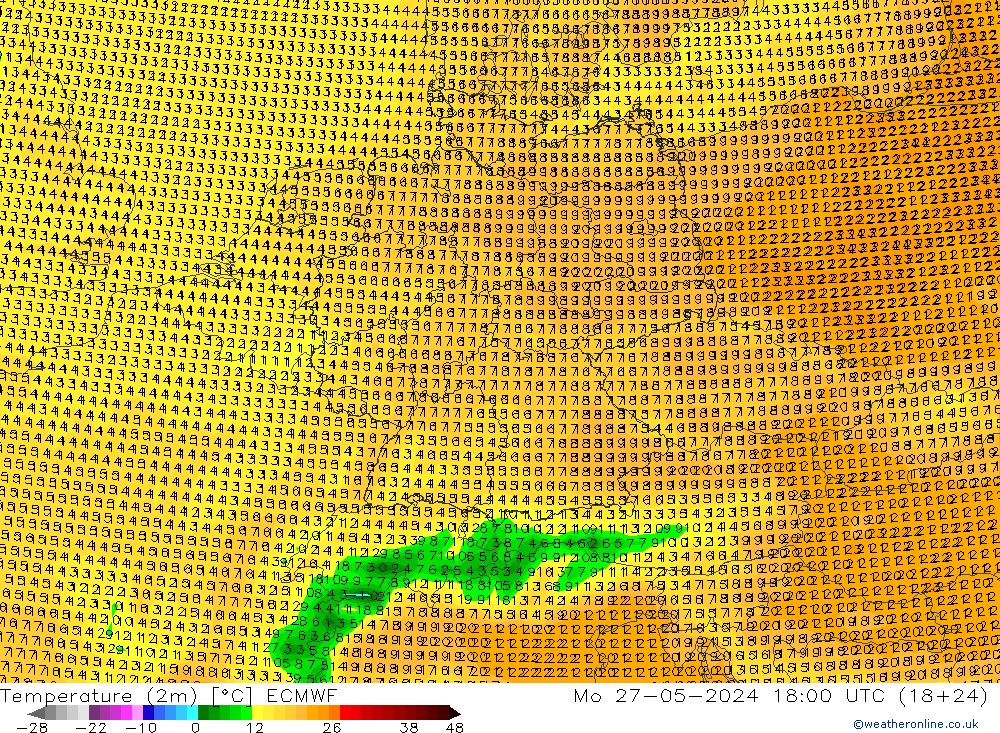 Temperature (2m) ECMWF Mo 27.05.2024 18 UTC