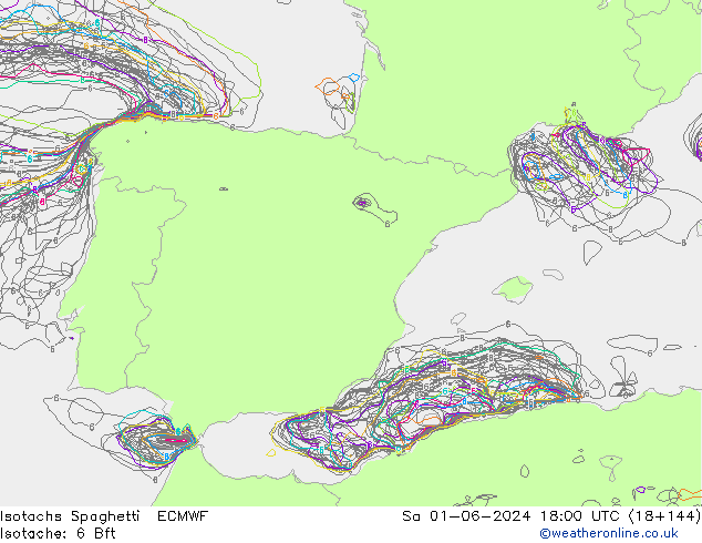 Isotachen Spaghetti ECMWF za 01.06.2024 18 UTC