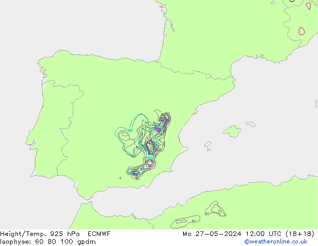 Height/Temp. 925 hPa ECMWF lun 27.05.2024 12 UTC