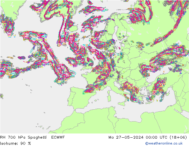 RH 700 hPa Spaghetti ECMWF Mo 27.05.2024 00 UTC