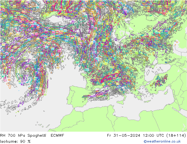 RH 700 гПа Spaghetti ECMWF пт 31.05.2024 12 UTC