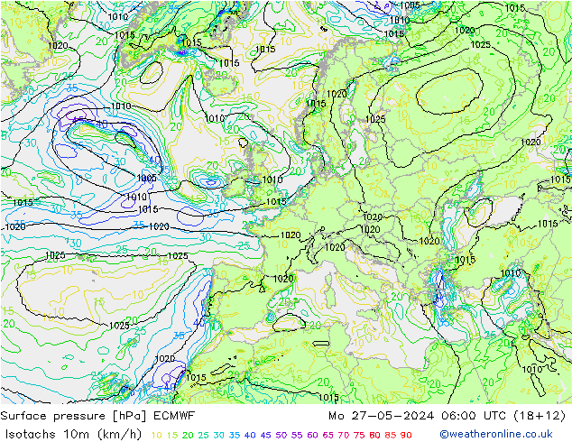 10米等风速线 (kph) ECMWF 星期一 27.05.2024 06 UTC