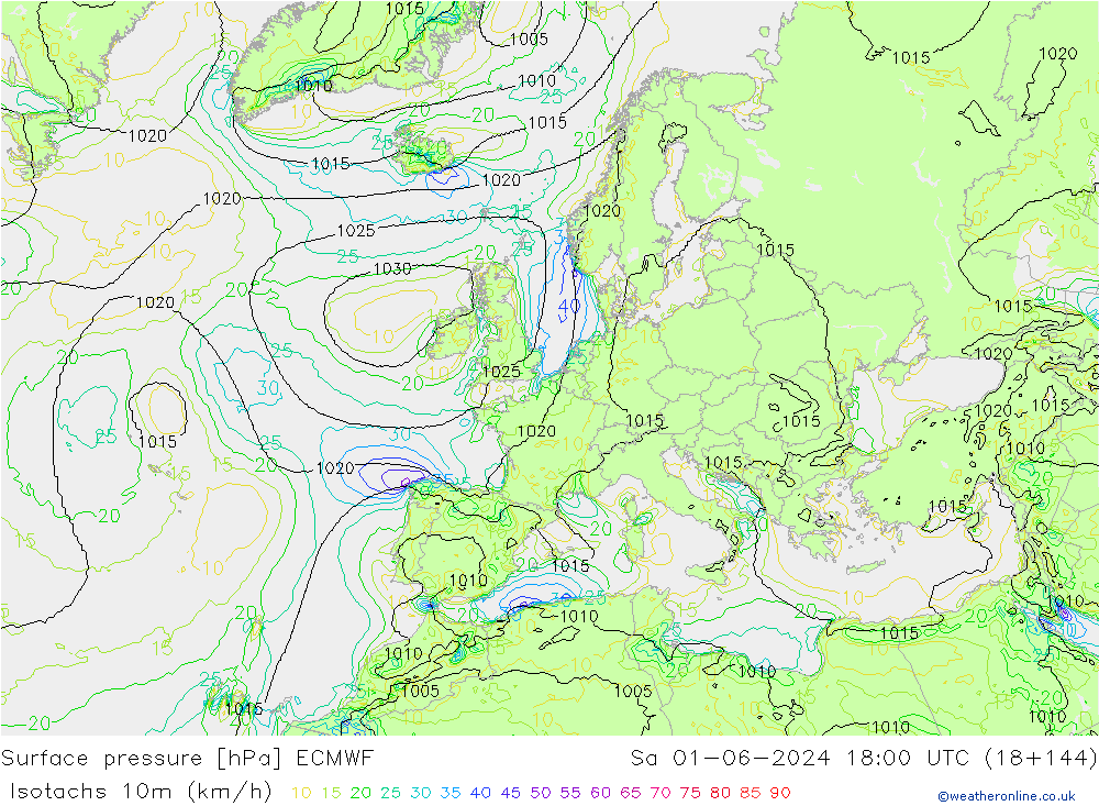 Isotachs (kph) ECMWF sab 01.06.2024 18 UTC