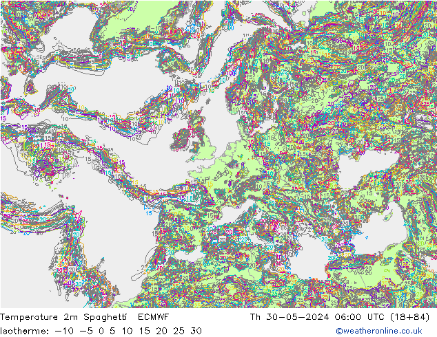 Temperature 2m Spaghetti ECMWF Th 30.05.2024 06 UTC