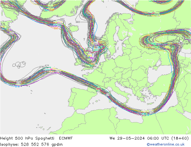 Height 500 hPa Spaghetti ECMWF  29.05.2024 06 UTC