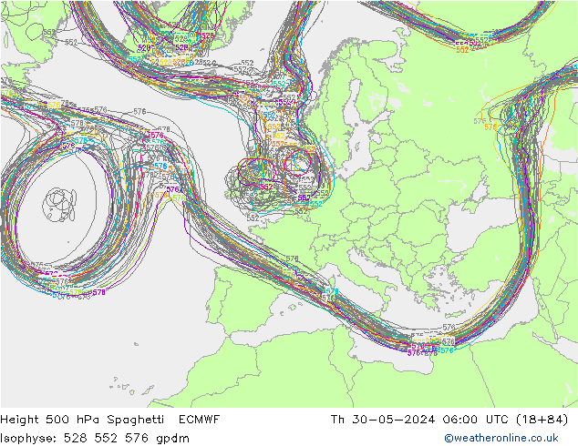 Height 500 hPa Spaghetti ECMWF Čt 30.05.2024 06 UTC
