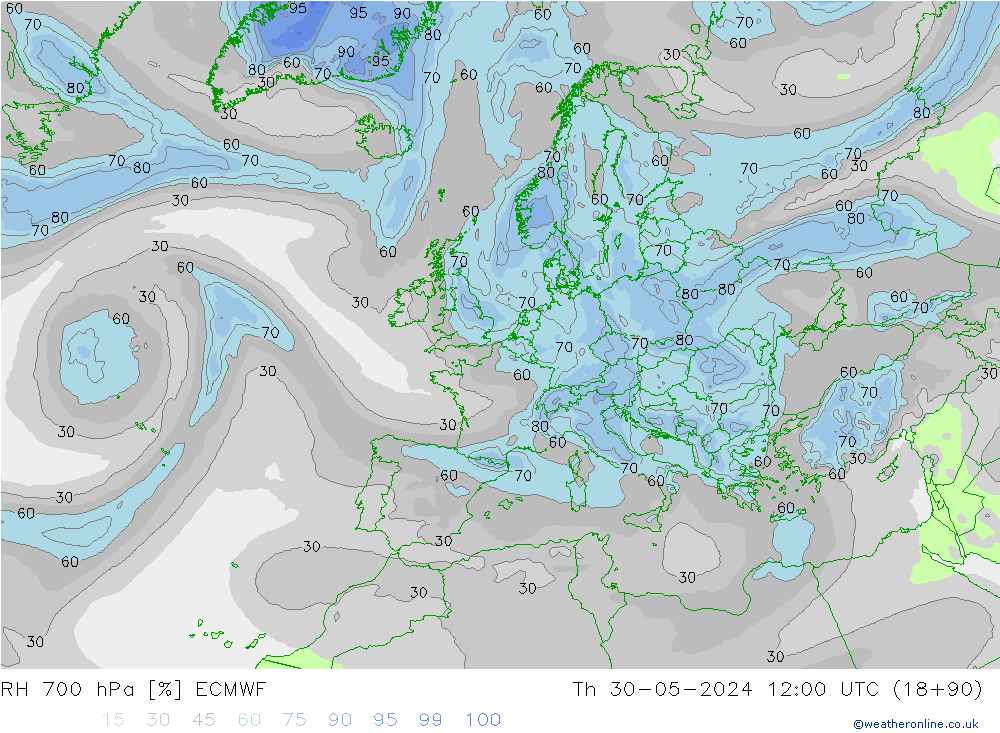 Humedad rel. 700hPa ECMWF jue 30.05.2024 12 UTC