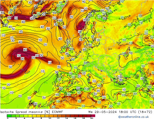 Eşrüzgar Hızları Spread ECMWF Çar 29.05.2024 18 UTC