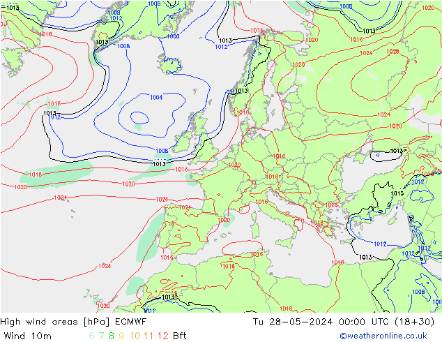 yüksek rüzgarlı alanlar ECMWF Sa 28.05.2024 00 UTC