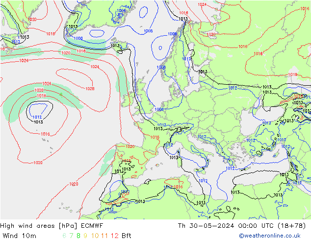 High wind areas ECMWF Th 30.05.2024 00 UTC