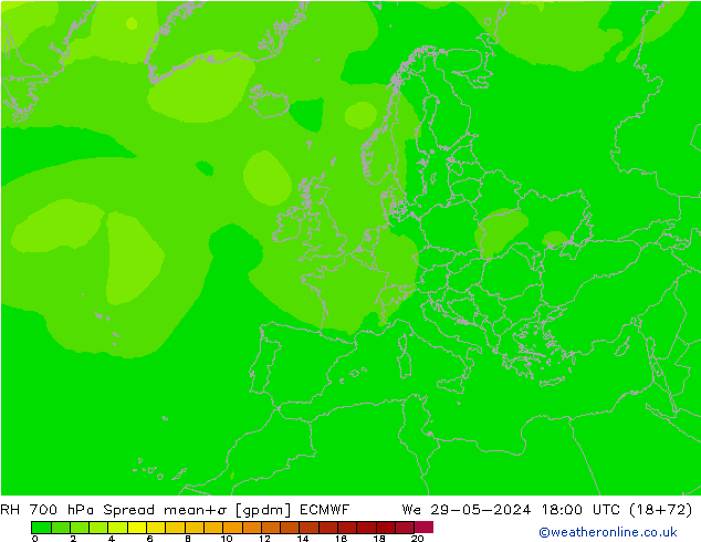 Humedad rel. 700hPa Spread ECMWF mié 29.05.2024 18 UTC