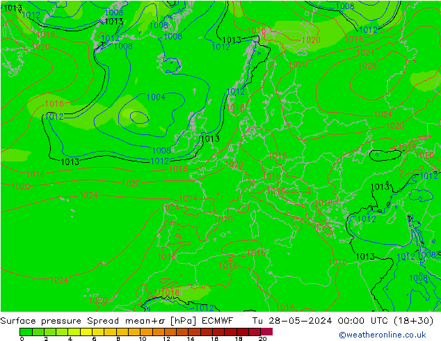 Pressione al suolo Spread ECMWF mar 28.05.2024 00 UTC