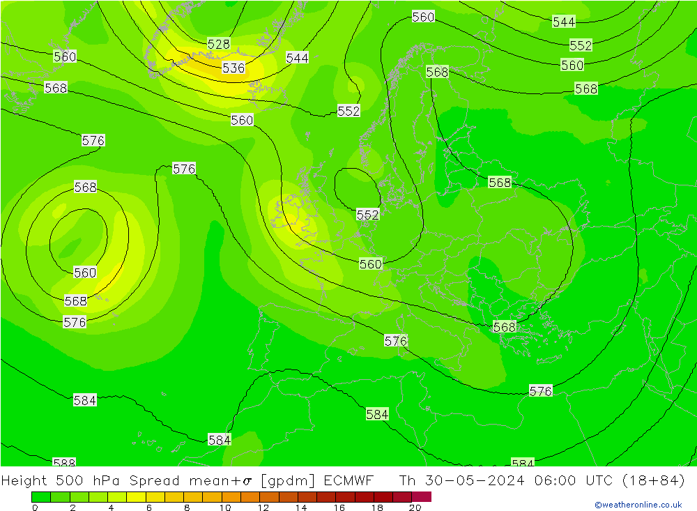 Height 500 hPa Spread ECMWF Čt 30.05.2024 06 UTC