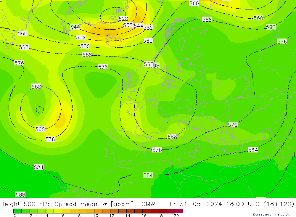 Géop. 500 hPa Spread ECMWF ven 31.05.2024 18 UTC