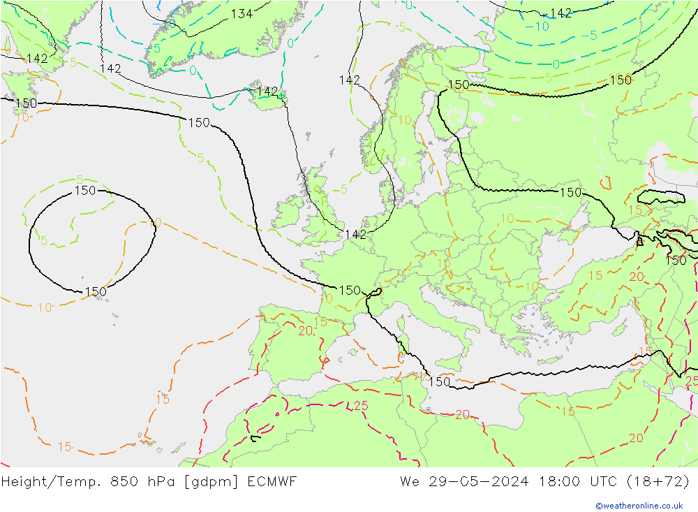 Height/Temp. 850 hPa ECMWF Qua 29.05.2024 18 UTC