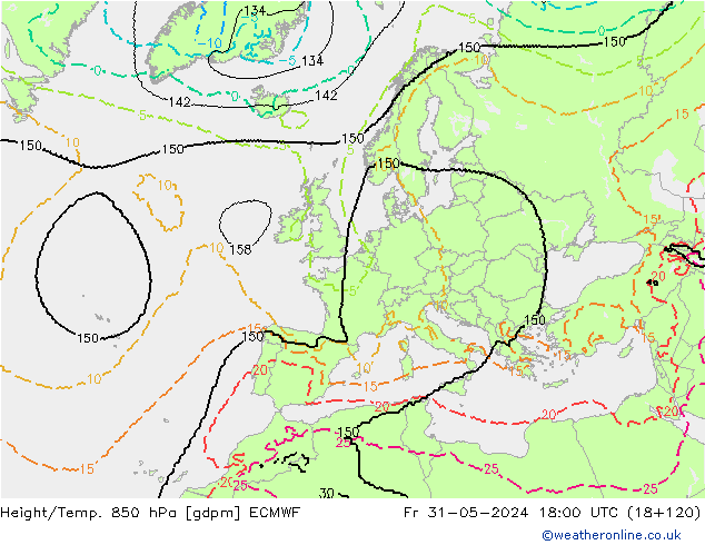 Height/Temp. 850 hPa ECMWF Sex 31.05.2024 18 UTC