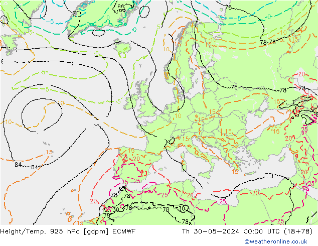 Height/Temp. 925 hPa ECMWF Qui 30.05.2024 00 UTC