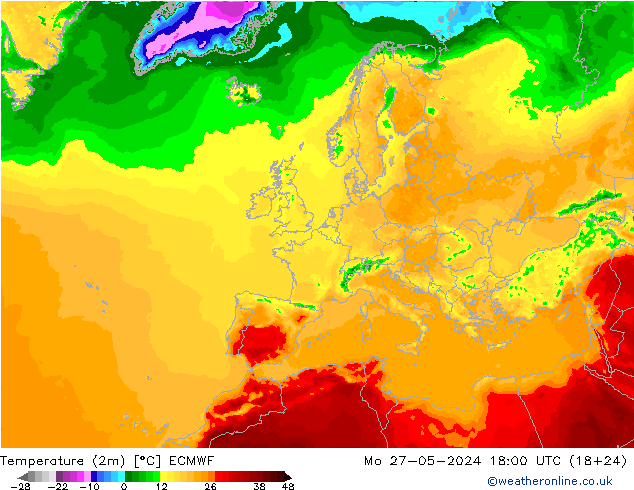 Temperaturkarte (2m) ECMWF Mo 27.05.2024 18 UTC