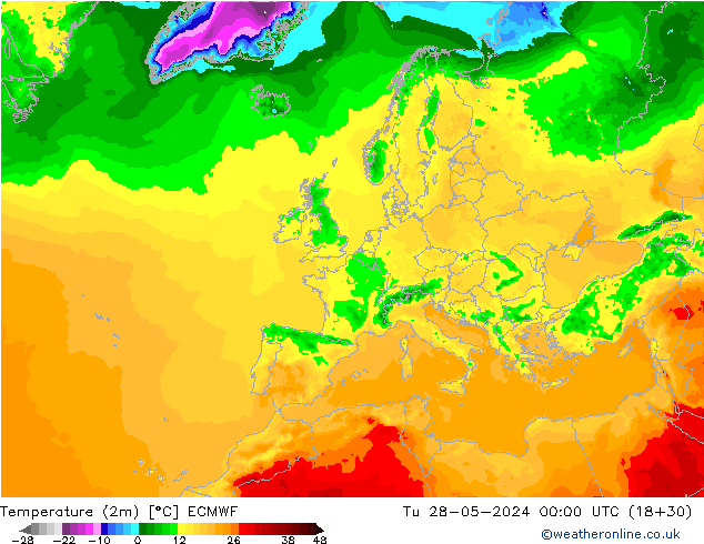 Temperatuurkaart (2m) ECMWF di 28.05.2024 00 UTC
