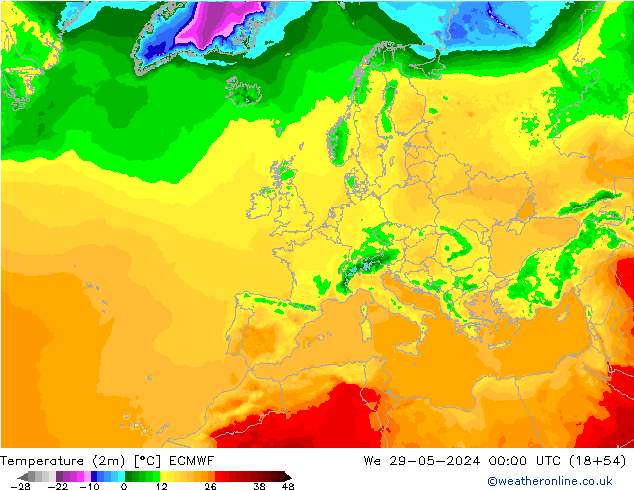 Temperatura (2m) ECMWF mer 29.05.2024 00 UTC