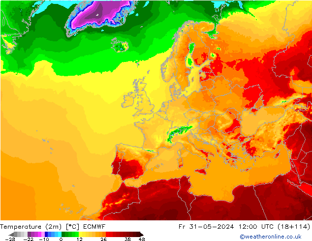 mapa temperatury (2m) ECMWF pt. 31.05.2024 12 UTC