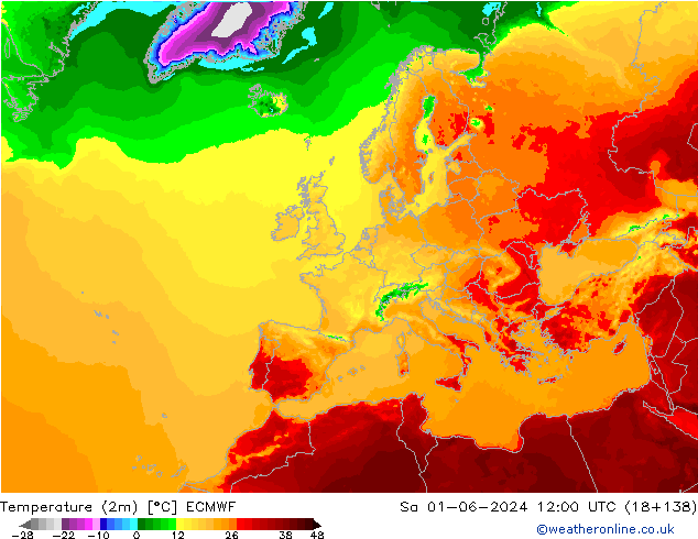 Temperatura (2m) ECMWF Sáb 01.06.2024 12 UTC