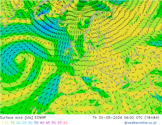 Wind 10 m ECMWF do 30.05.2024 06 UTC