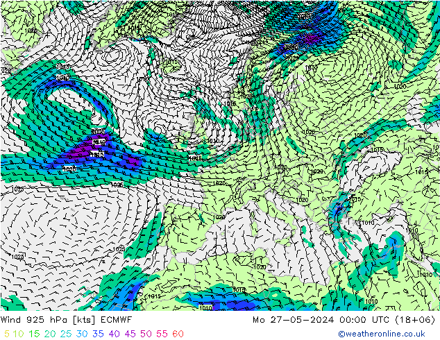 风 925 hPa ECMWF 星期一 27.05.2024 00 UTC