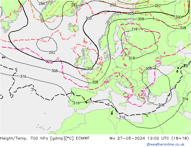 Height/Temp. 700 hPa ECMWF Mo 27.05.2024 12 UTC