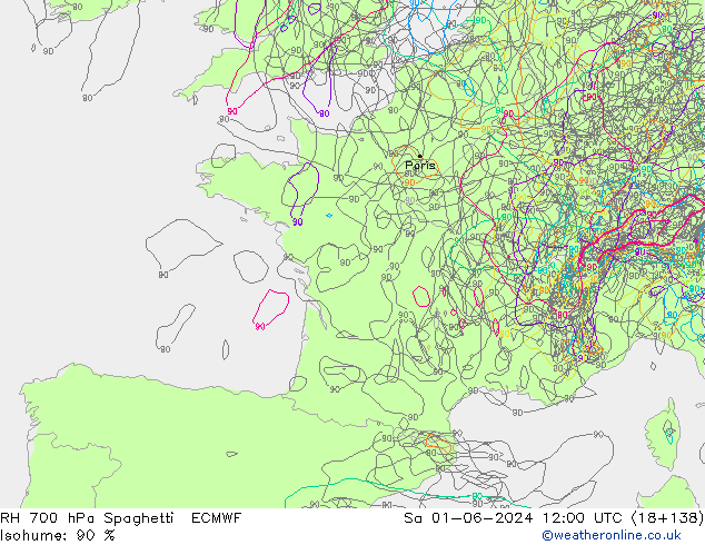 RH 700 hPa Spaghetti ECMWF Sa 01.06.2024 12 UTC