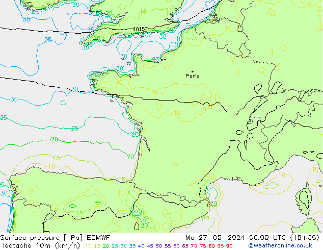Isotaca (kph) ECMWF lun 27.05.2024 00 UTC