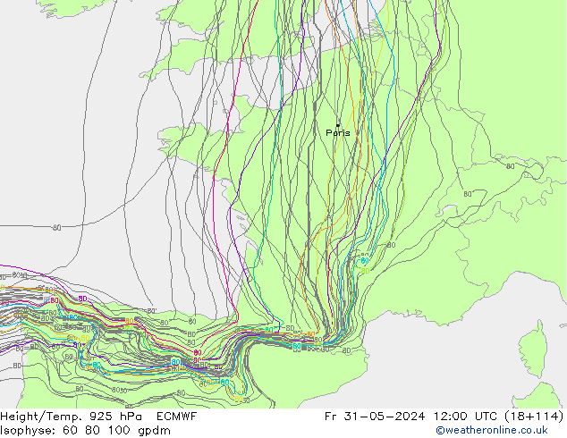 Height/Temp. 925 hPa ECMWF Pá 31.05.2024 12 UTC