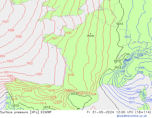 Presión superficial ECMWF vie 31.05.2024 12 UTC