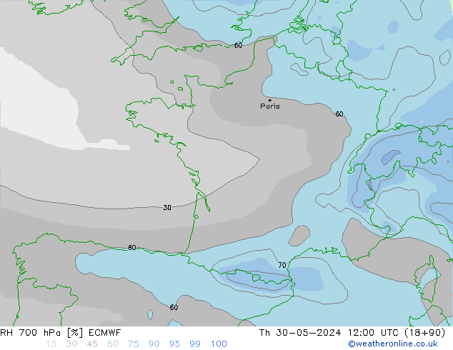 RH 700 hPa ECMWF Čt 30.05.2024 12 UTC